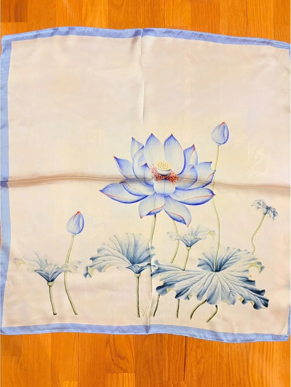 Elegant Blue and White Scarf with Lotus Flower Design, Lightweight